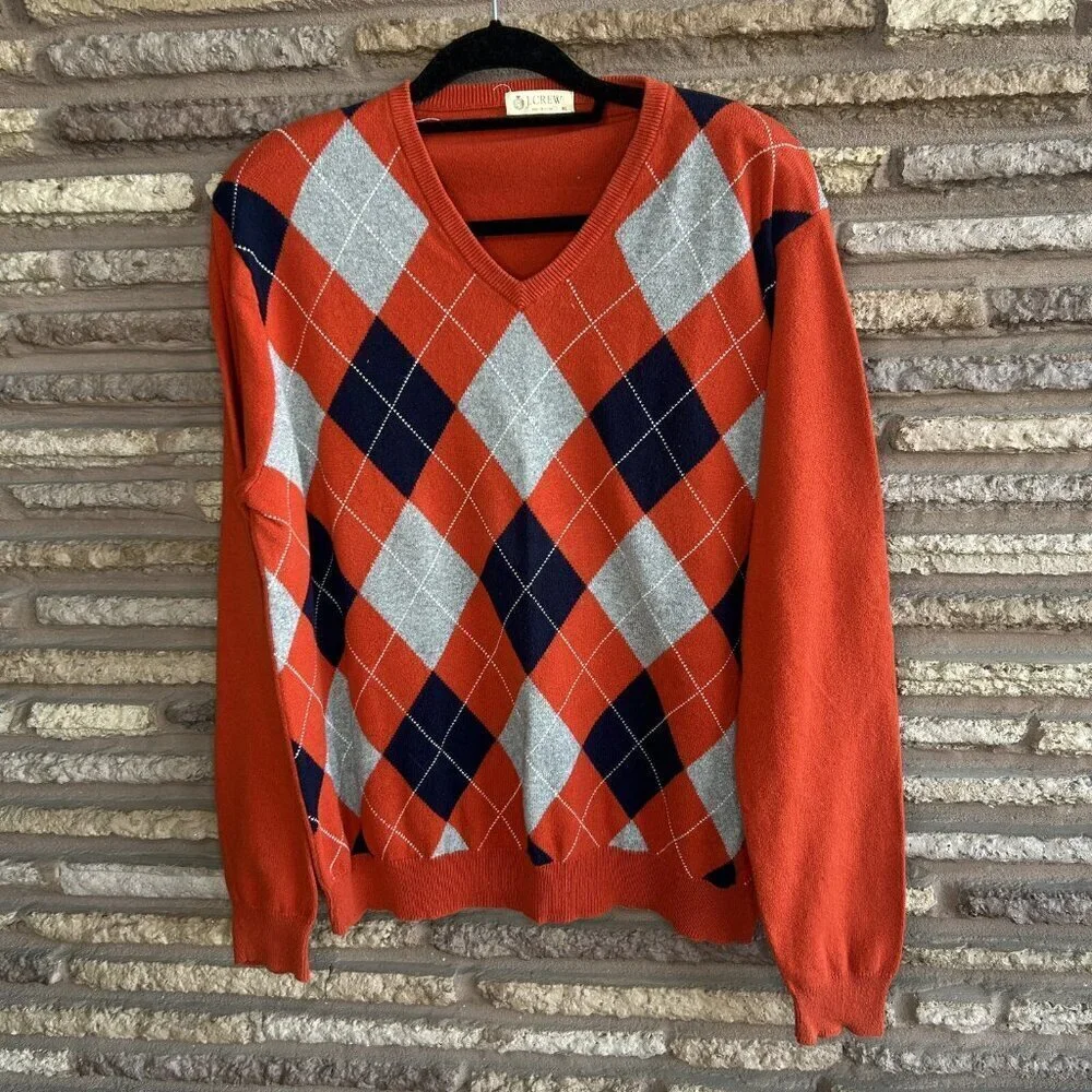 J Crew Men's Cotton Cashmere Argyle V Neck Sweater Size XL